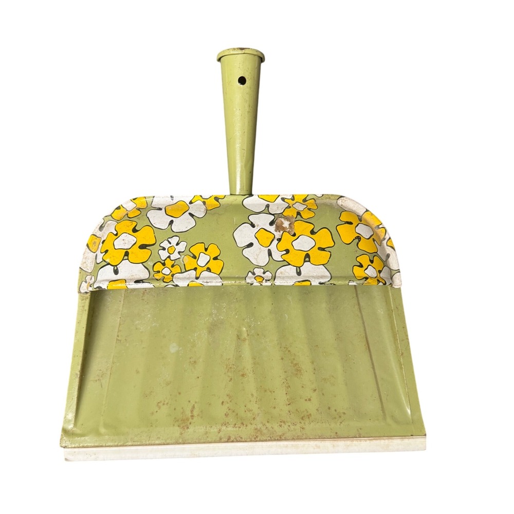 Vintage Metal Dustpan Avocado Green Mod Floral Tin Litho Retro Mid Century 70s